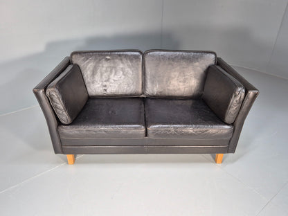 Vintage 2 seater sofa Danish Mid Century Black Leather Retro 1970s EB09407