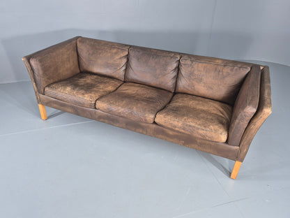 Vintage Danish 3 Seater Sofa 1970s Brown Leather Patinated Retro MCM EB12412