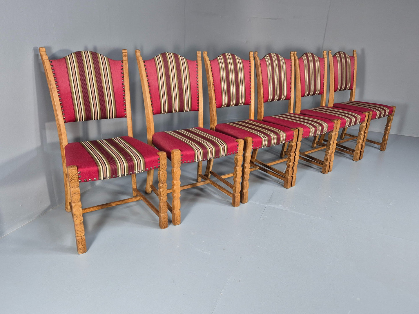 6 Vintage Kjaernulf Style Danish Oak Dining Chairs 1970s Retro Red Wool EB9535