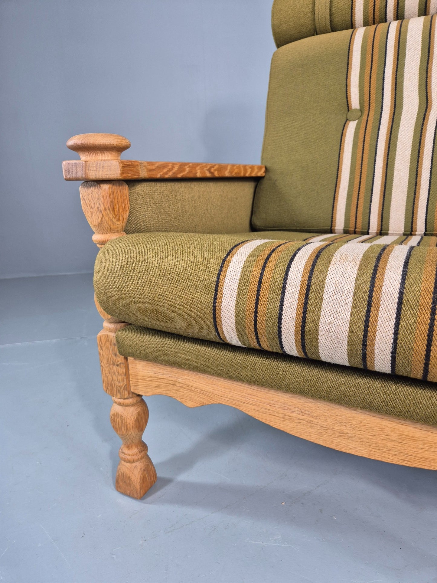 Vintage High Back Kjearnulf Arm Chair Oak Frame Green Stripe 1970s Retro EB12736