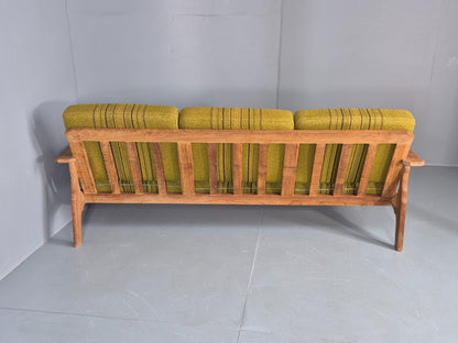Vintage Danish 3 seater Sofa Oak Kjaenulf Green Cushions 1970s Retro EB12781