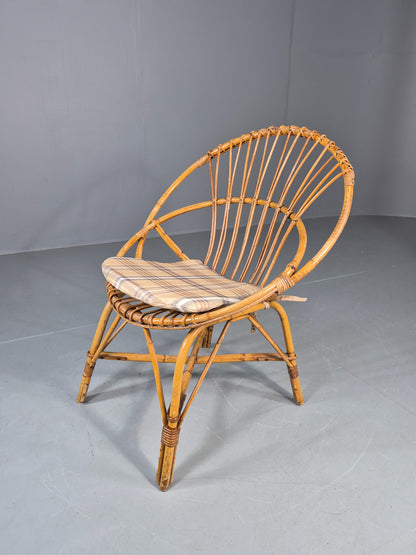 Vintage 1960s Cane Circle Tub Chair Tartan Cushion Retro EB10635