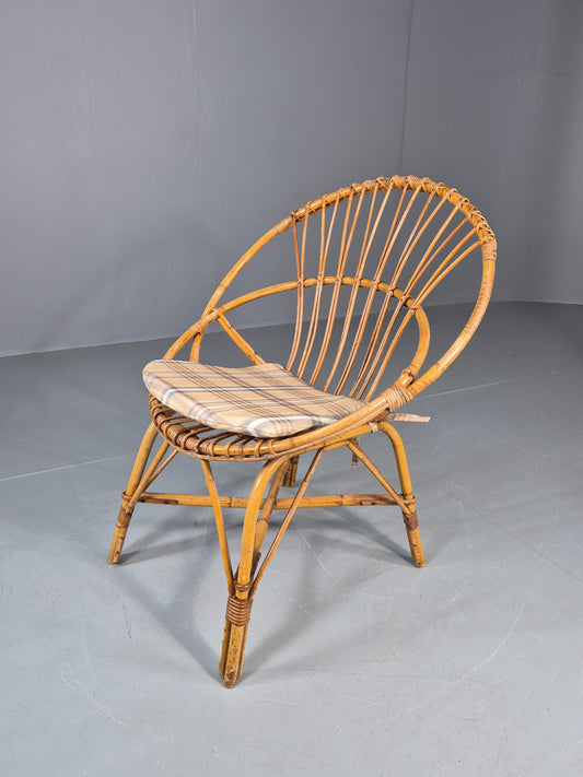 Vintage 1960s Cane Circle Tub Chair Tartan Cushion Retro EB10635