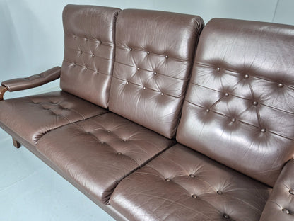 Vintage Danish 3 Seat Sofa Brown Leather Bentwood Frame 1980s Retro MCM EB13062