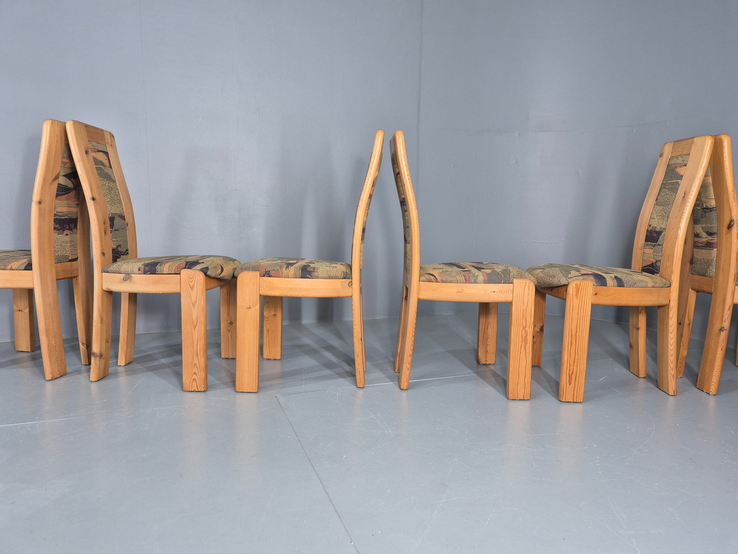 6 Brutalist Pine Dining Chairs 1980s Upholstery Danish Design Retro EB12146