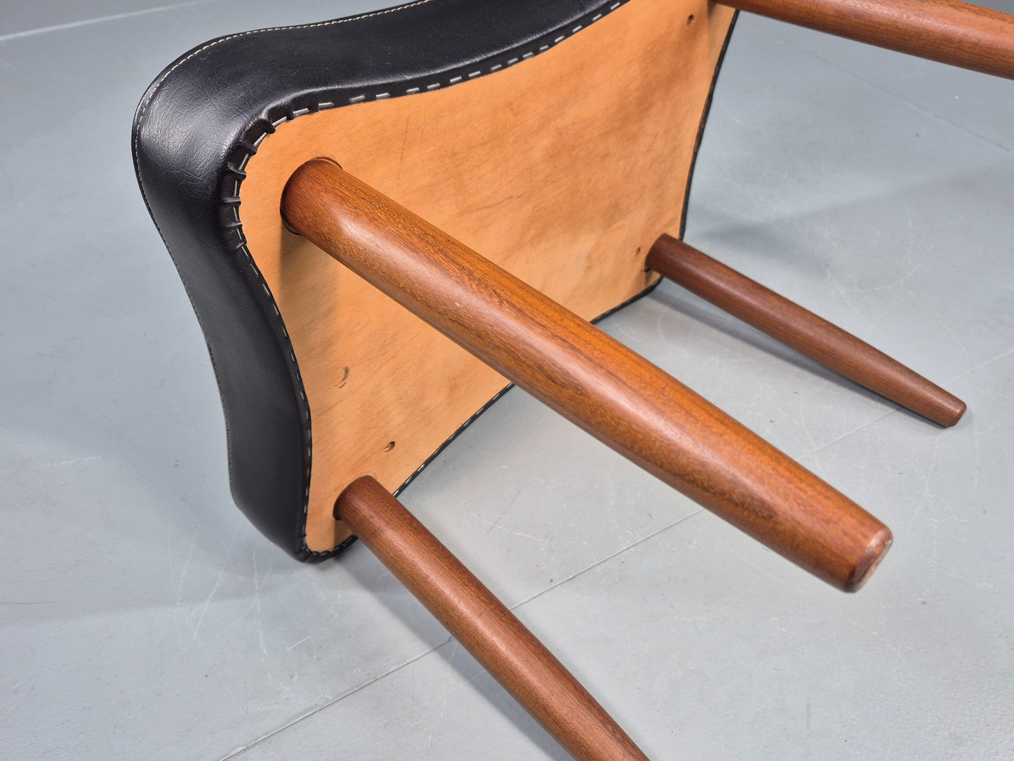 Vintage Danish Mid Century Footstool Black Vinyl Teak Legs 1960s Retro EB12098