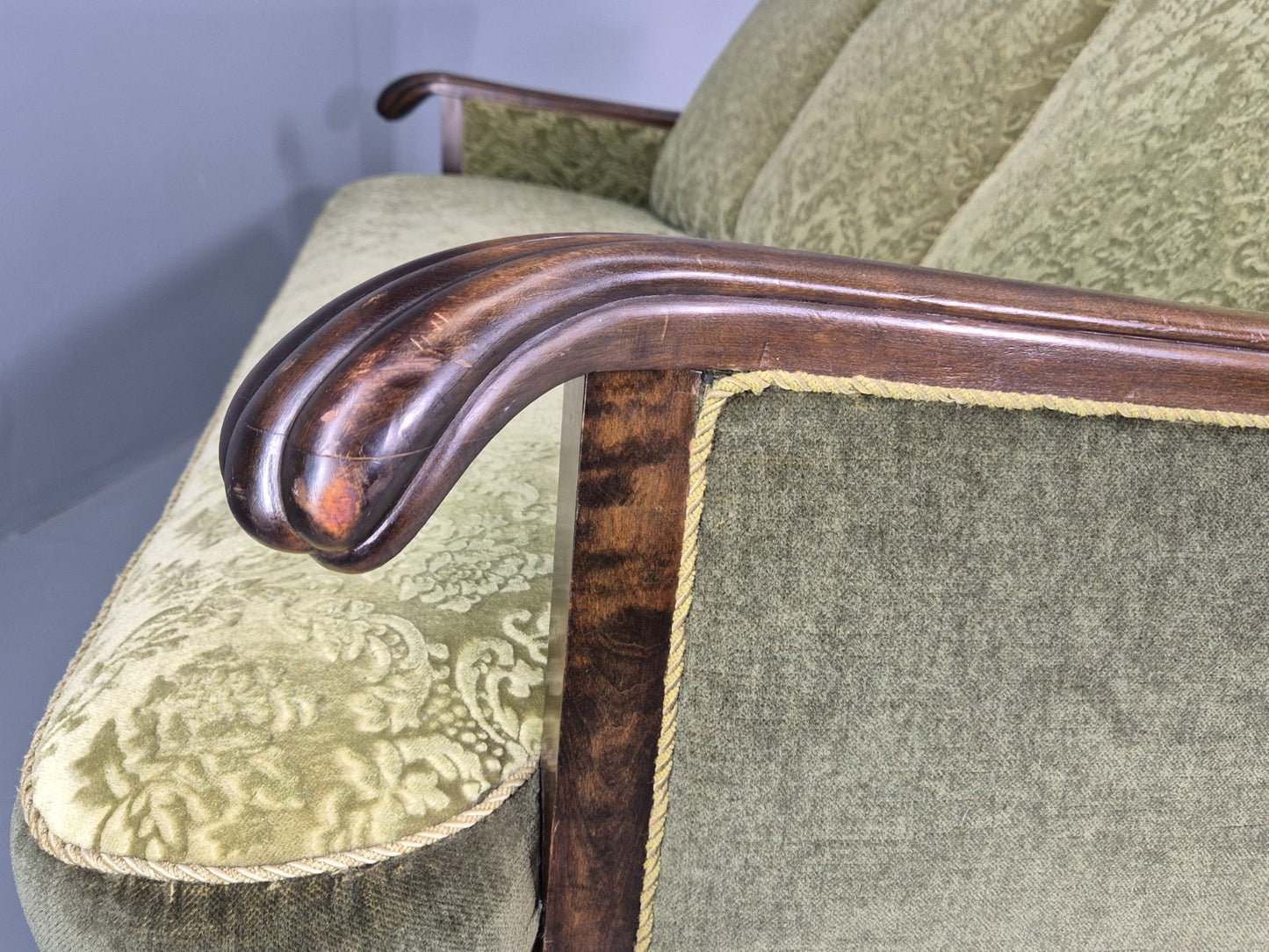 Antique 3 Seater Sofa 1920s Danish Carved Frame Green Moquette  EB12005