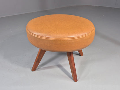 Vintage Mid Century Foot Stool Brown Vinyl Danish Teak Round Retro MCM EB12022