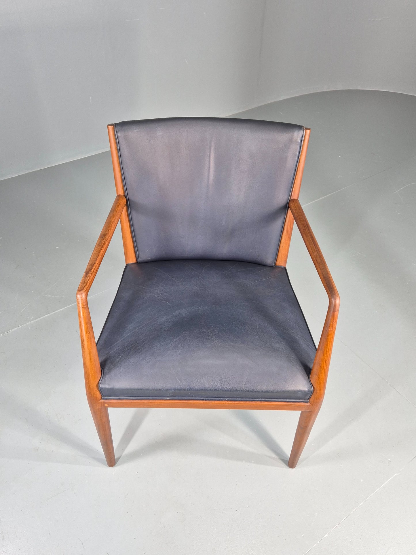 Vintage Mid Century Teak Armchair Blue Leather 1960s Retro EB11906