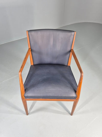 Vintage Mid Century Teak Armchair Blue Leather 1960s Retro EB11906