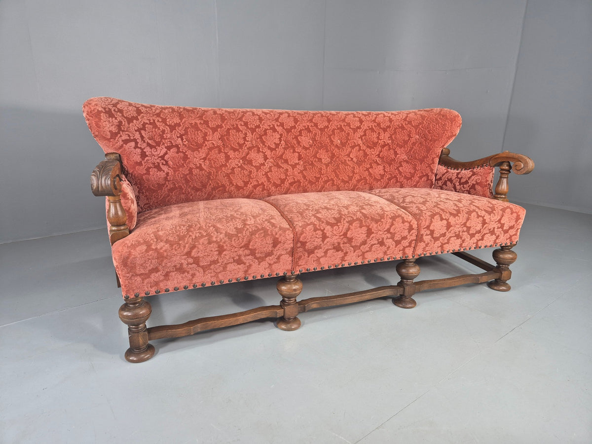 Vintage 3 Seater Sofa Danish Baroque Revival Pink Floral Moquette 1950s EB12698