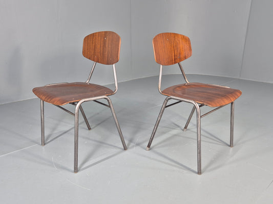 2 Vintage Danish Stacking Industrial Chairs Teak Ply and Steel 1960s  EB12401