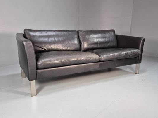 Vintage 3 Seater Stouby Sofa 1990s Black Leather Steel Legs Retro MCM  EB09079