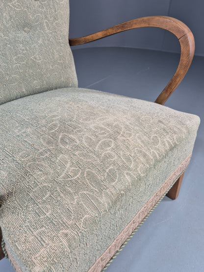 Vintage Art Deco Danish Armchair Beech Frames Original Upholstery EB11956