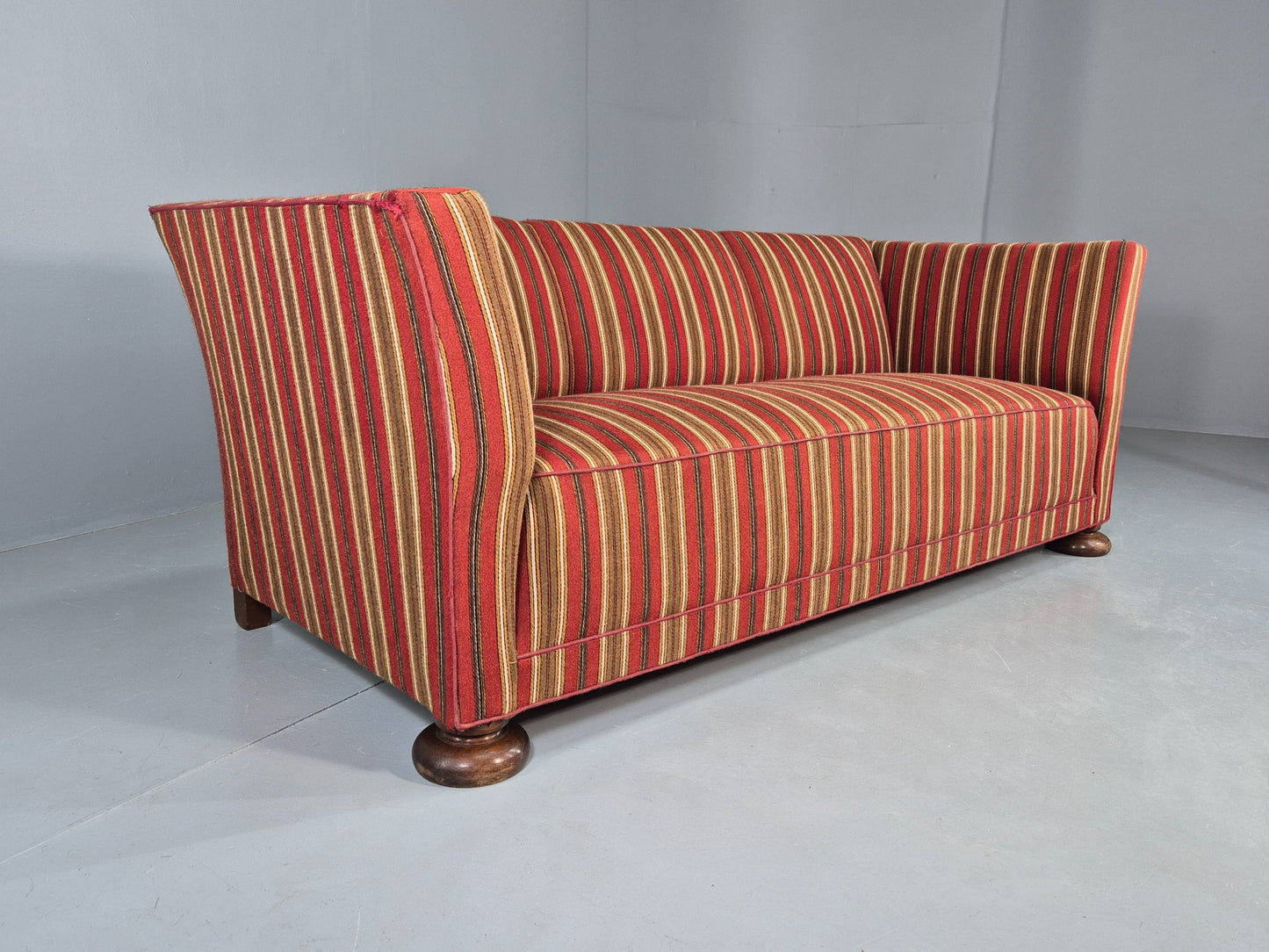 Vintage Art Deco Danish 3 Seater Sofa Red Wool Stripe Upholstery 1940s  EB12701