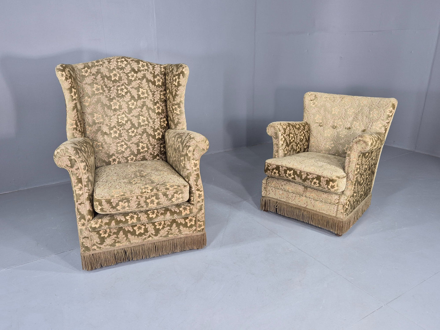 2 Vintage Danish Armchairs Green Floral Moquette Tassels 1960s Cottage EB12689