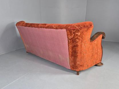 Vintage 3 Seat Sofa Danish Art Deco Era Carved Oak Frame Moquette Cloth EB12751