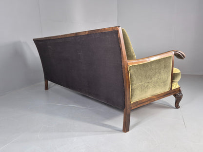 Antique 3 Seater Sofa 1920s Danish Carved Frame Green Moquette  EB12005