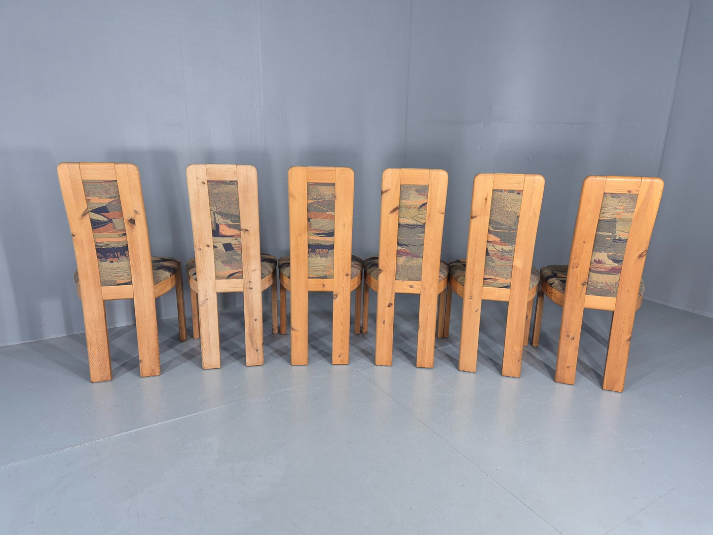 6 Brutalist Pine Dining Chairs 1980s Upholstery Danish Design Retro EB12146