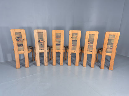 6 Brutalist Pine Dining Chairs 1980s Upholstery Danish Design Retro EB12146