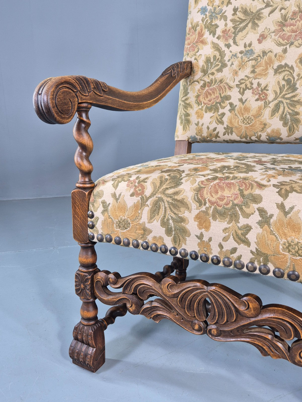 Vintage Baroque Style Armchair Carved Oak Frame 1950s Danish Antique EB12700