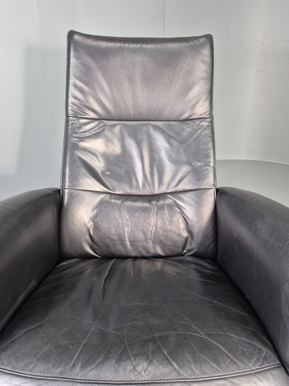 Vintage Hjort Knudsen Black Leather and Chrome Swivel Lounge Chair Retro EB13083
