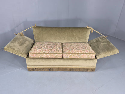 Vintage Danish Knole Sofa 2 Seater Green Velour Floral Cream Cushions EB12770