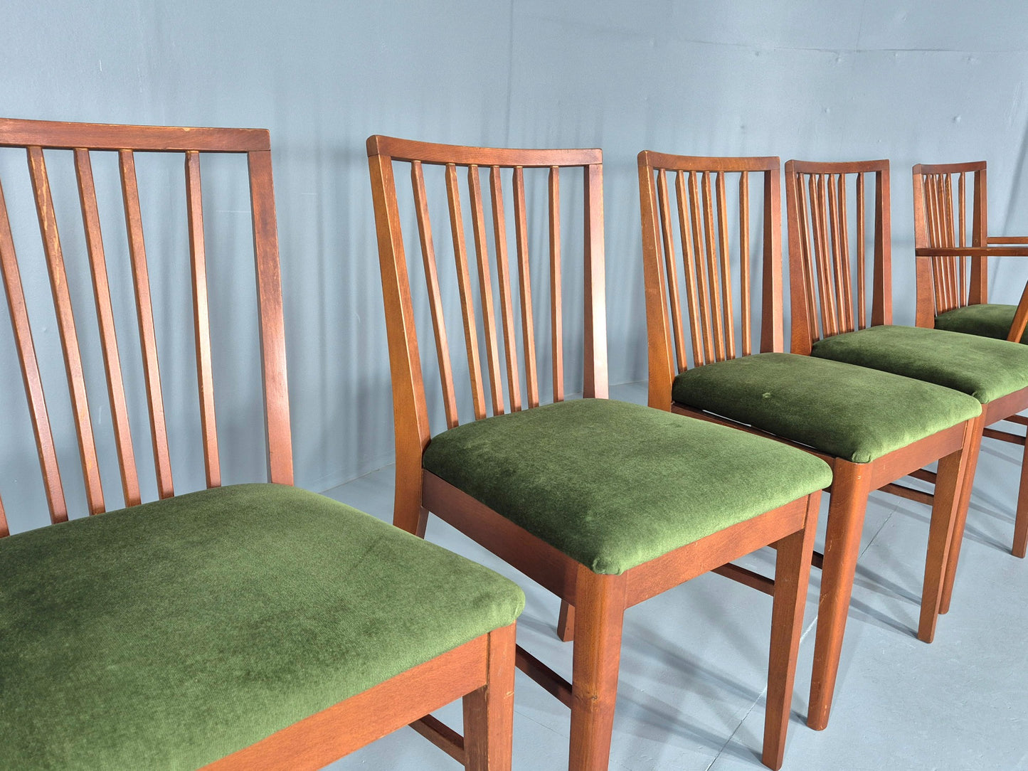 5 Vintage 1960s Dining Chairs Beech Wood frames Green Velvet Seats Retro EB12184