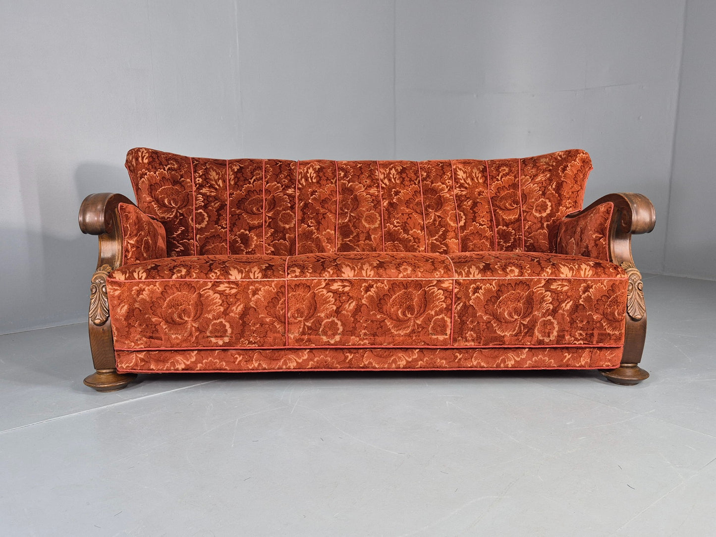 Vintage 3 Seat Sofa Danish Art Deco Era Carved Oak Frame Moquette Cloth EB12751