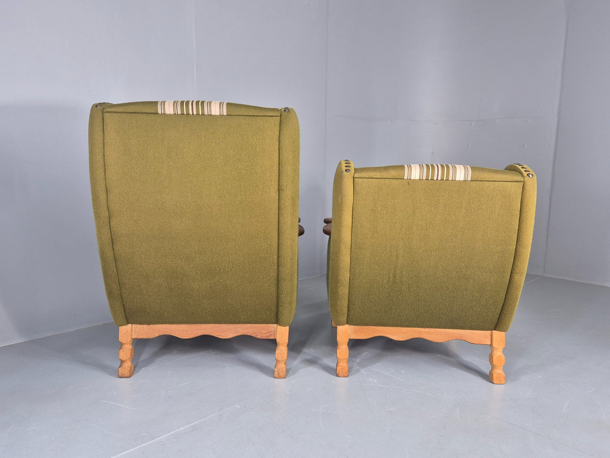 2 Vintage Lounge Chair Kjaernulf Style Oak Frames Green Wool 1970s Retro EB12687