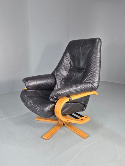 Vintage Danish Swivel Recline Chair Black Leather Bentwood 1980s Retro EB9254