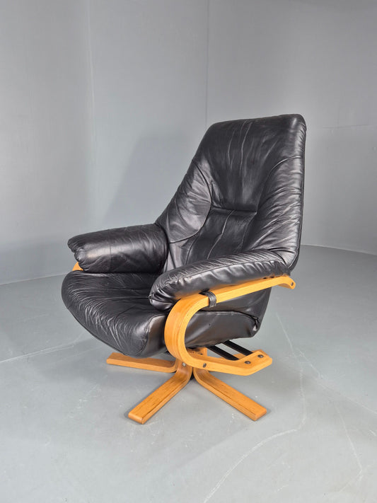 Vintage Danish Swivel Recline Chair Black Leather Bentwood 1980s Retro EB9254