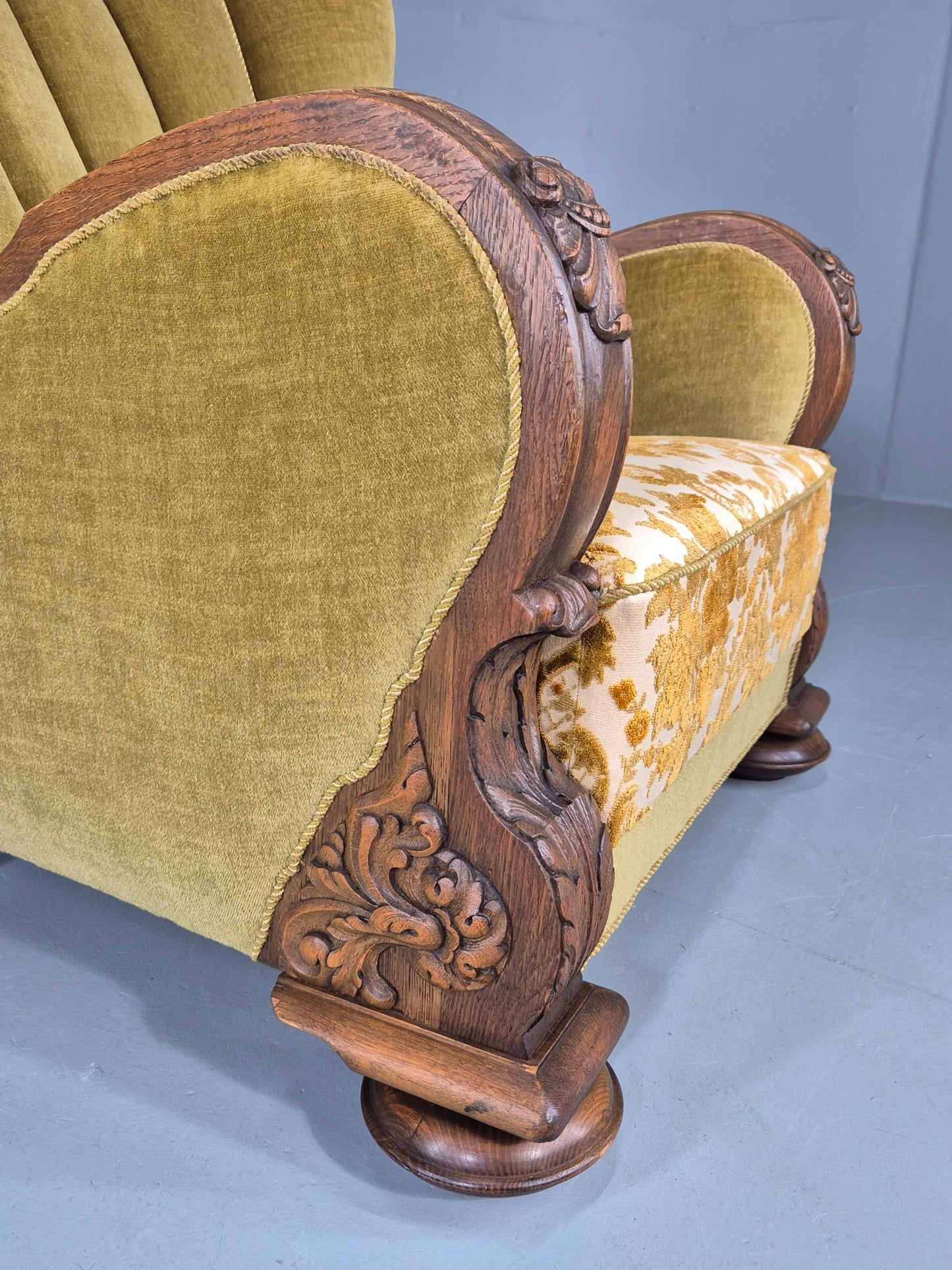 Vintage Danish Art Deco Lounge Chair Carved Oak Frame 1940s Green Floral EB12837