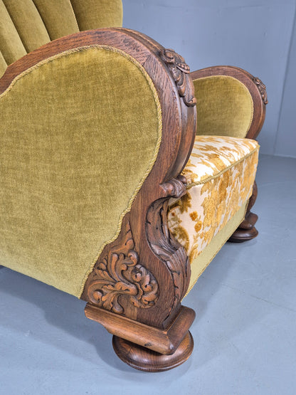 Vintage Danish Art Deco Lounge Chair Carved Oak Frame 1940s Green Floral EB12837