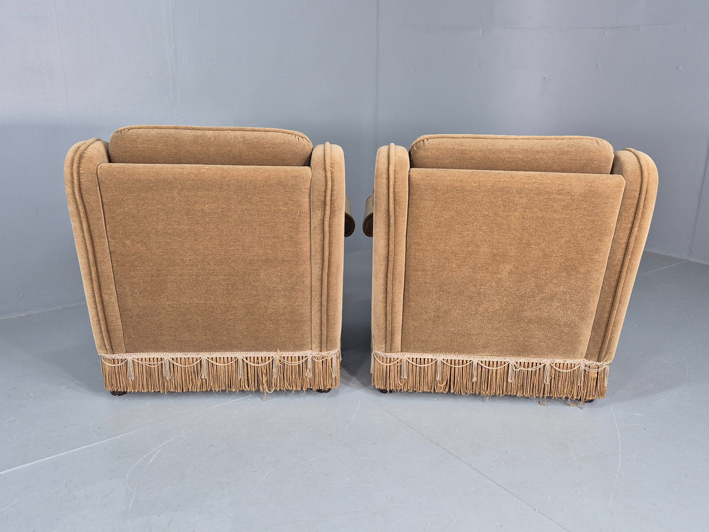 Vintage 1970s Lounge Chairs Green Velour Tassels Wing Back Danish Retro EB12137
