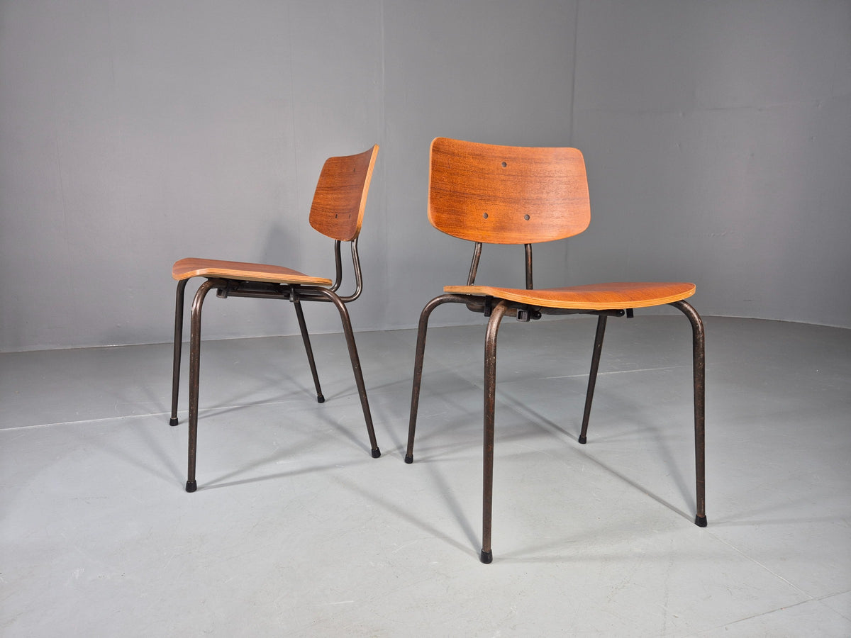 2 Vintage Danish Stacking Chairs Mid Century Industrial Teak Plywood EB13025