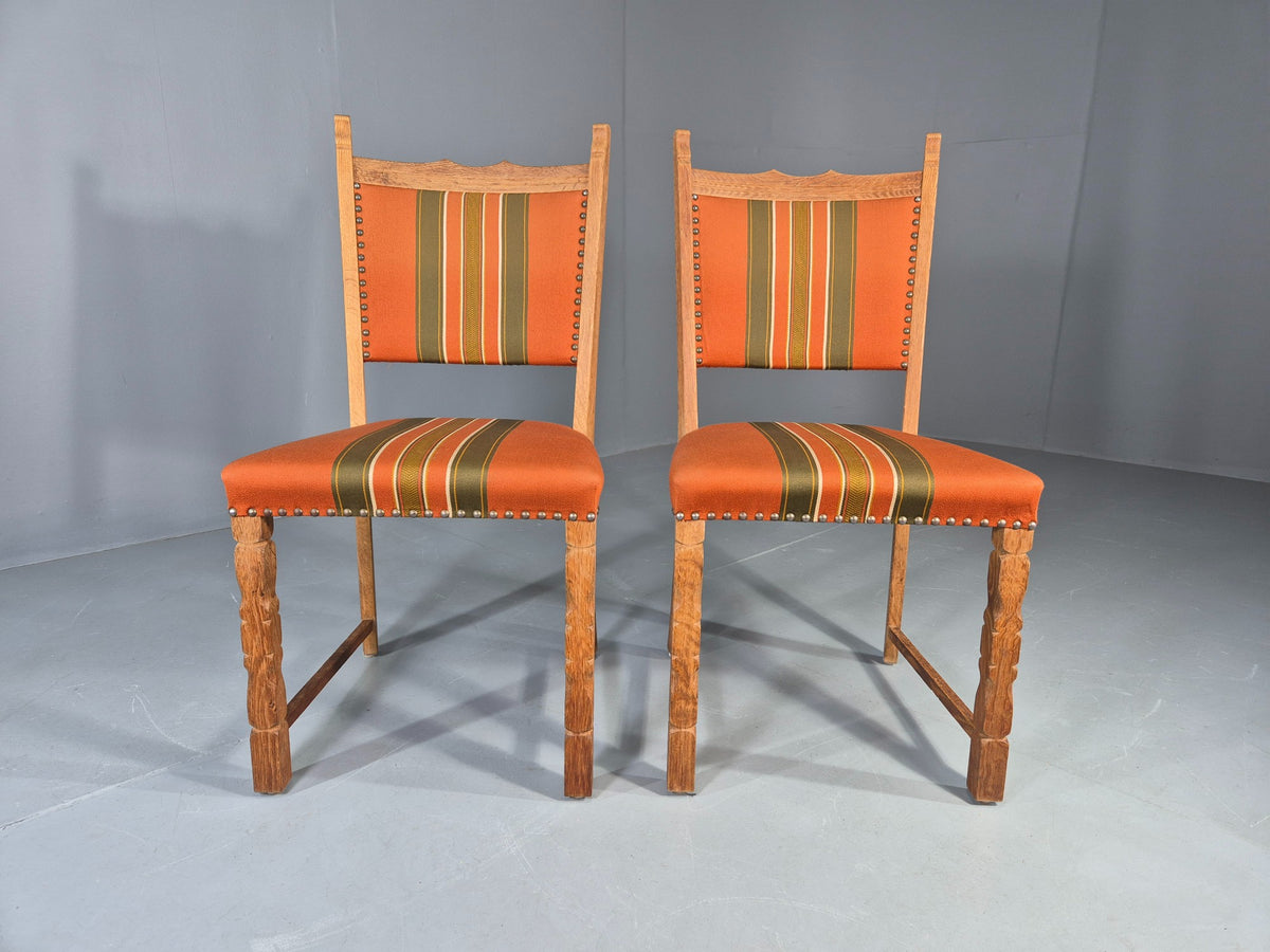 2 Vintage Dining Chairs 1970s Danish Kjaernulf Style Orange Wool Striped EB13075