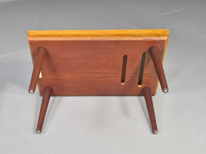 Vintage Mid Century Footstool Gold Velour Upholstery Teak Legs 60s Retro EB11576