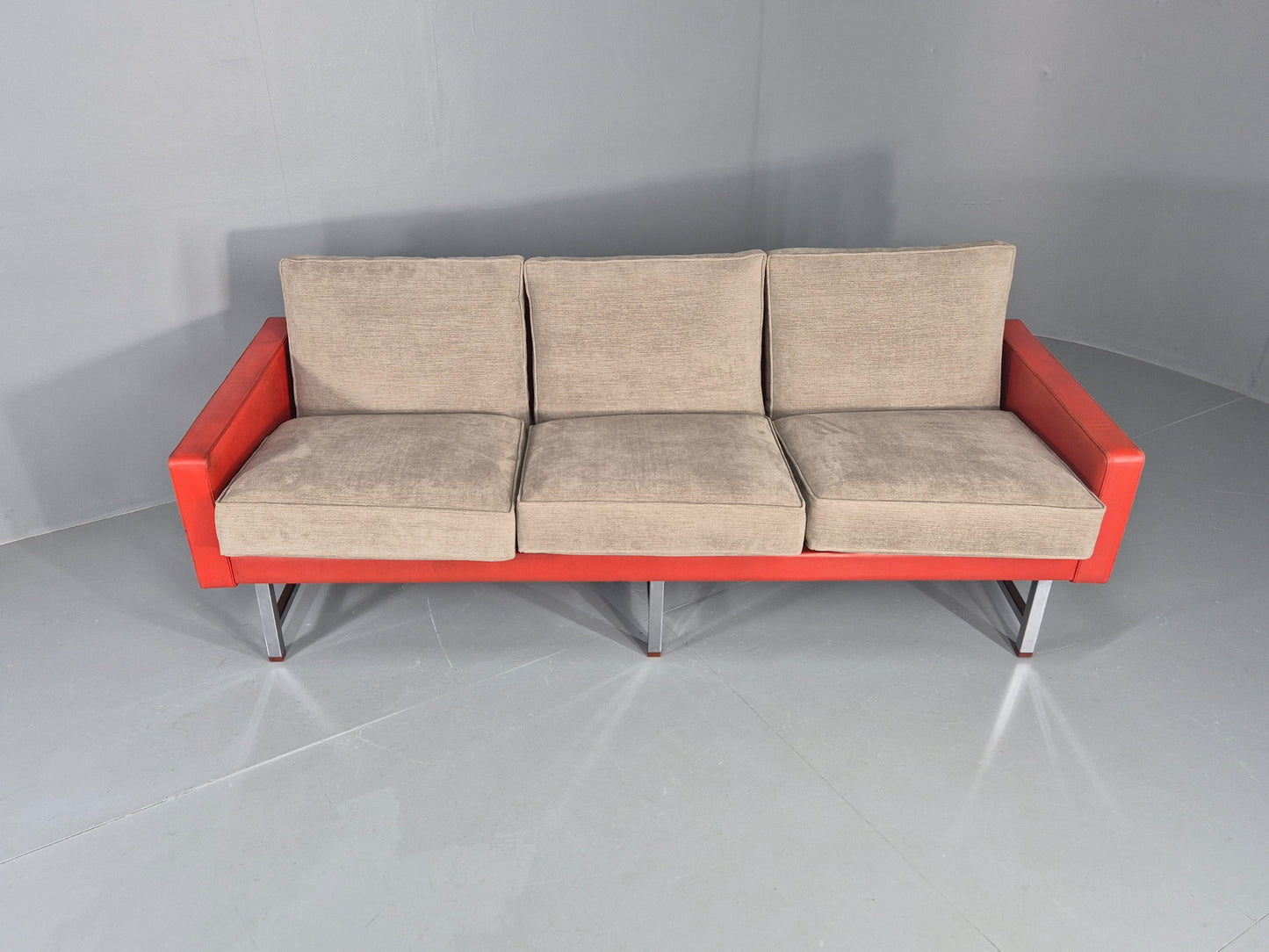 Vintage 3 Seat Sofa 1960s Swedish Red Leather New Cushions MCM Retro  EB11121