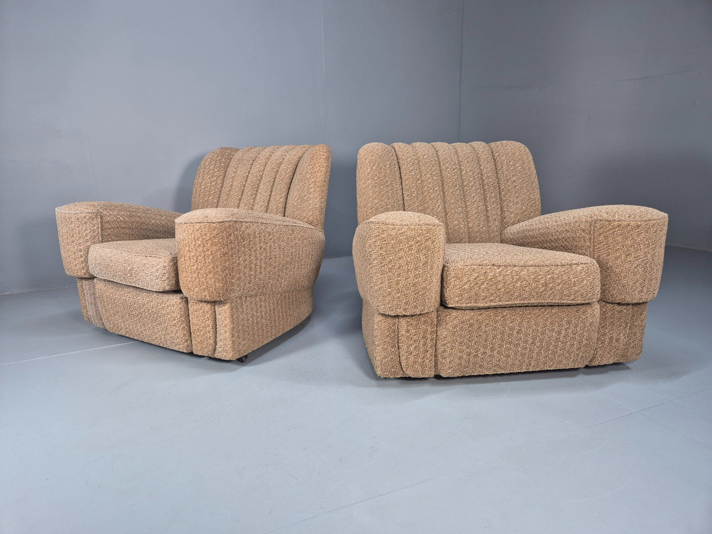2 Vintage Art Deco Armchairs Beige Chenille Upholstery 1940s EB09684