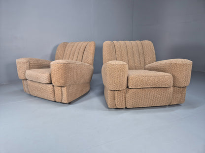 2 Vintage Art Deco Armchairs Beige Chenille Upholstery 1940s EB09684