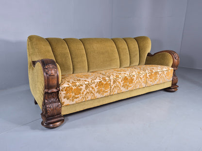 Vintage Danish 3 Seater Sofa 1940s Craved Oak Frame Shell Back Art Deco 12836