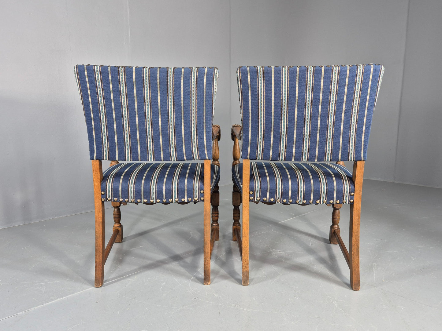 2 Vintage Danish Baroque Style Oak 1950s Elbow Chairs Blue Wool Stripe EB12647