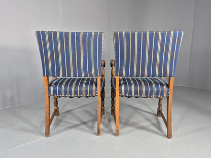 2 Vintage Danish Baroque Style Oak 1950s Elbow Chairs Blue Wool Stripe EB12647