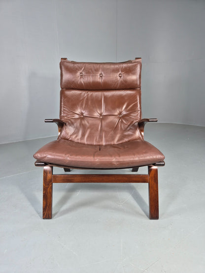 Vintage 1970s Leather Lounge Chair Farstrup Denmark Bentwood Frame Retro EB12312