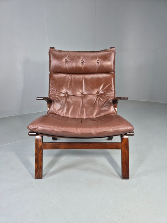 Vintage 1970s Leather Lounge Chair Farstrup Denmark Bentwood Frame Retro EB12312