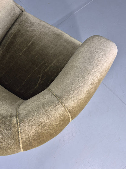 Vintage Danish Art Deco Tub Chair Green Velour Cabriole Legs 1940s EB12717