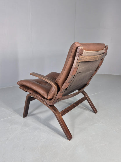 Vintage Farstrup Armchair Bentwood Frame Brown Leather Retro 1970s Eb12147