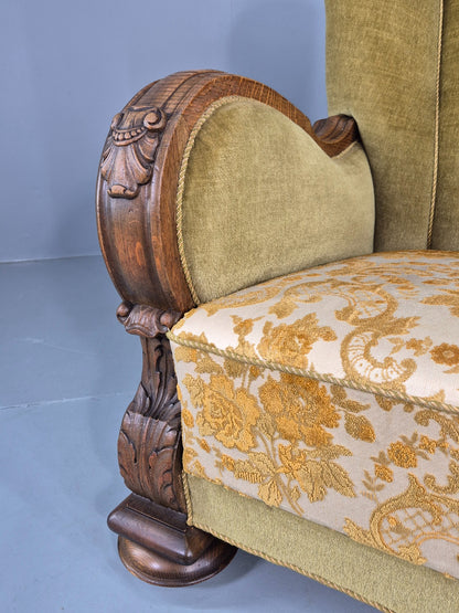 Vintage Danish Art Deco Lounge Chair Carved Oak Frame 1940s Green Floral EB12837