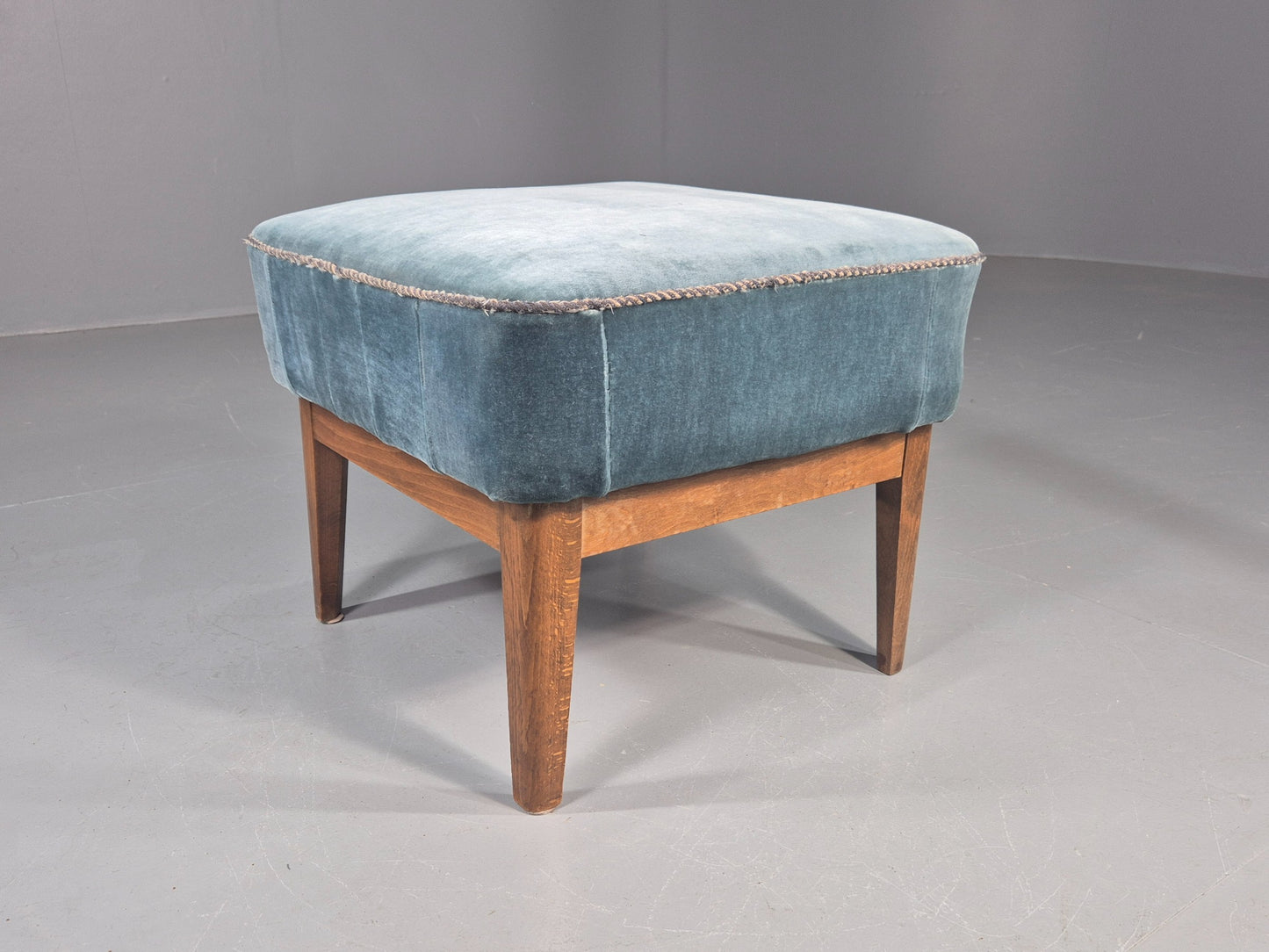 Vintage Danish Mid Century Footstool Blue Velour Upholstery 1950s Retro EB12053